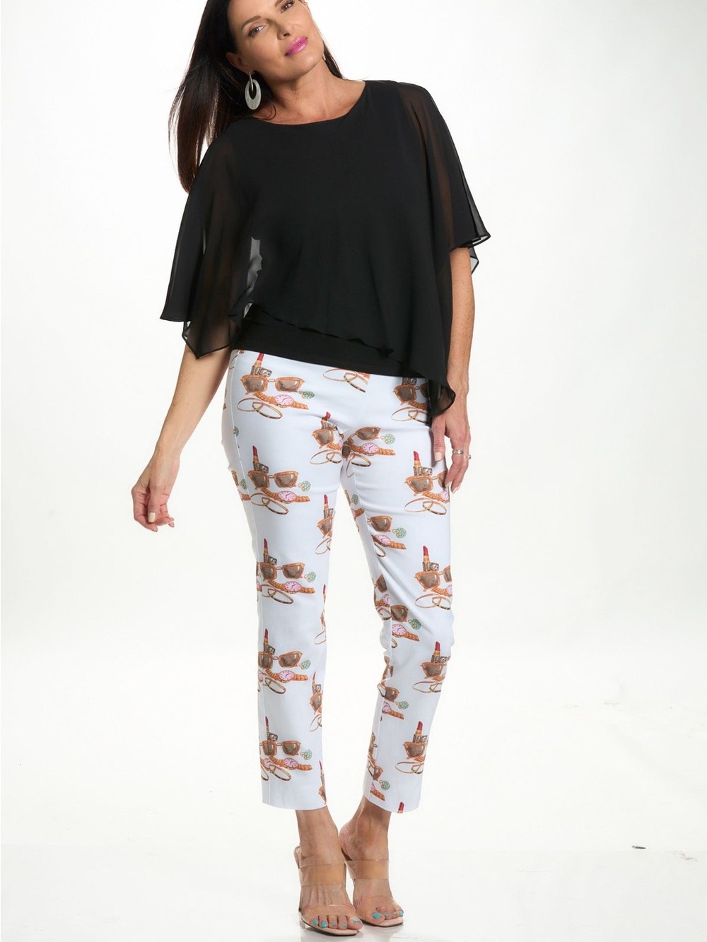 Cream Cropped Printed Ankle Pants with Sunglasses & Lipstick Motif